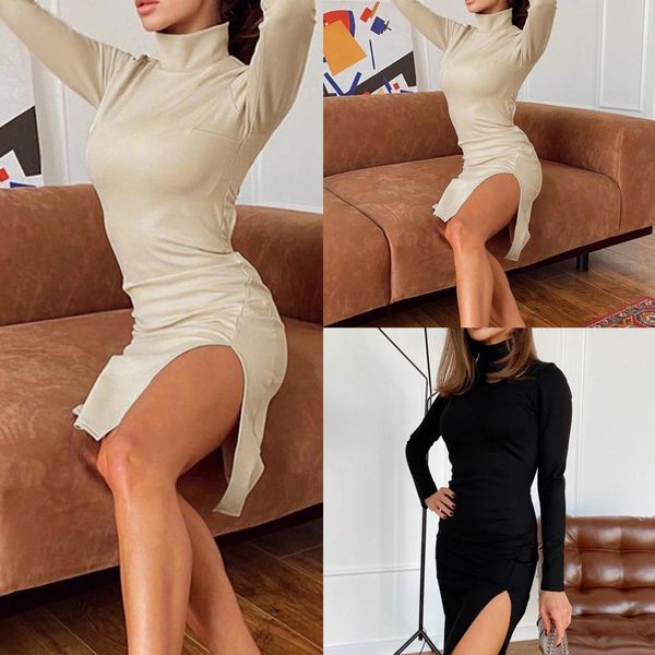 

women long sleeve turtleneck backless hollow split hem knee-length dress, Gray