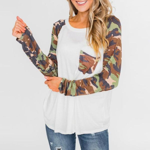 

women's blouses & shirts camouflage printed stitching fashion loose womens casual round -neck long sleeves splicing easy blouse bb3m, White