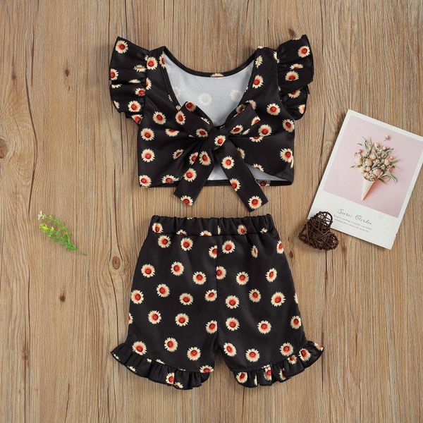 

3pcs newborn girls baby floral print sets o neck short sleeve ruffle shorts bow knot headband infant toddler outfits 2-7t, White