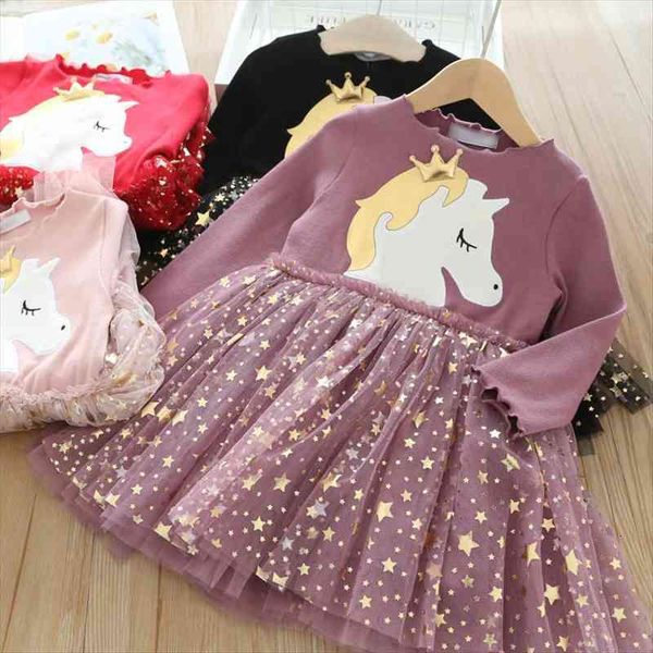 

baby girls unicorn cartoon children girl dresses lace flower sewater knitted infant kids clothes christmas long sleeve clothing, Red;yellow