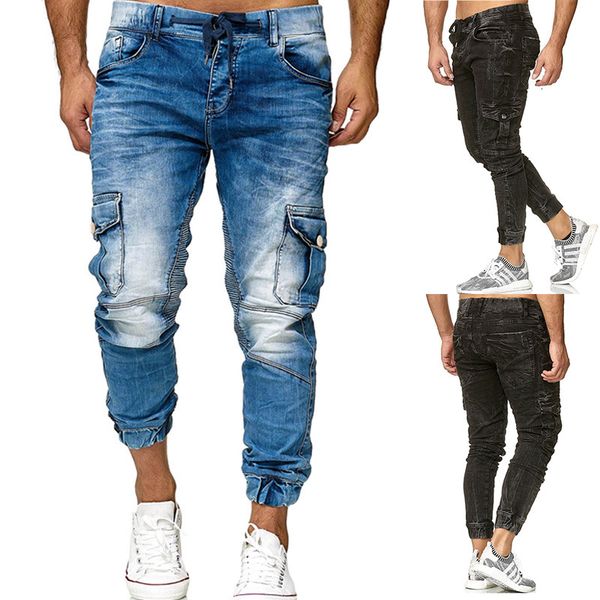 

2021 spring new tide men's jeans fashion multiple pockets jean man oversized water wash denim pants pantalon homme qyes, Blue