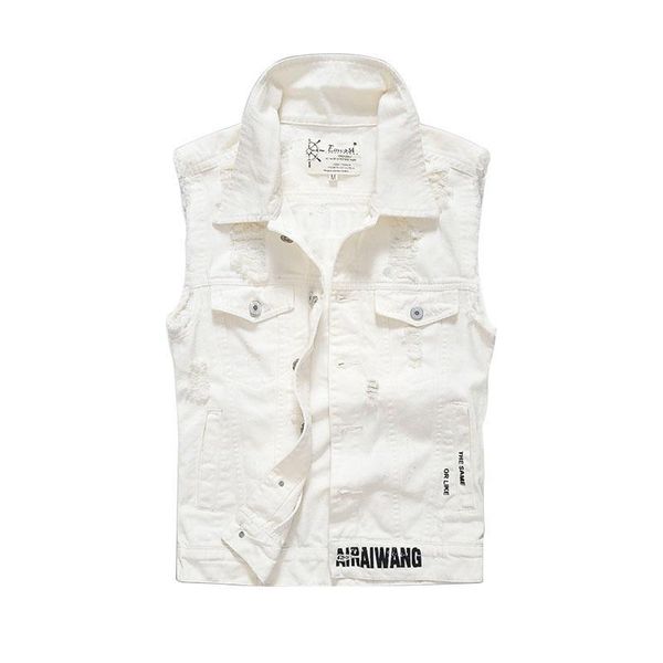 

men's vests white denim vest male coat 4xl 5xl vintage hole steetwear casual sleeveless jacket men waistcoat rand clothing f1002, Black;white