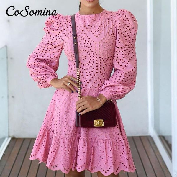 

casual dresses cosomina o-neck elegant hollow out women dress a-line ruffled puff sleeve female short high waist ladies solid 2021, Black;gray