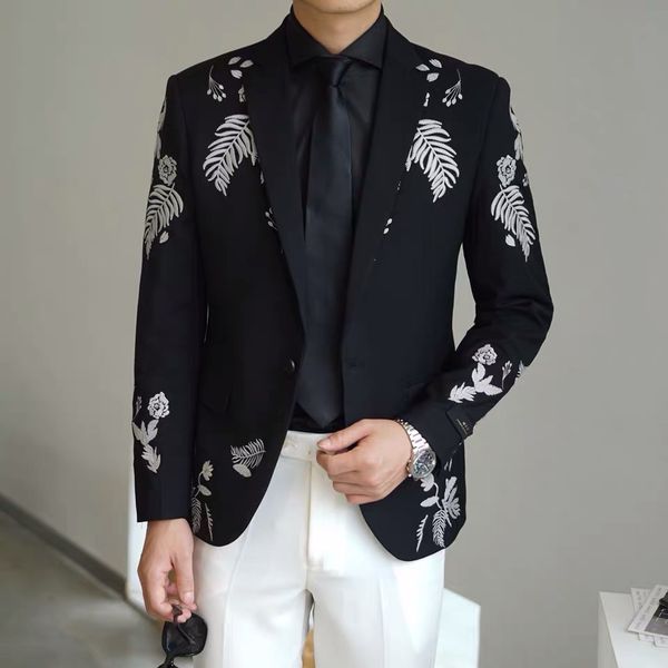 

luxury embroidery of men thin korean fit male stage singer suit casual blazer jacket u3my, White;black