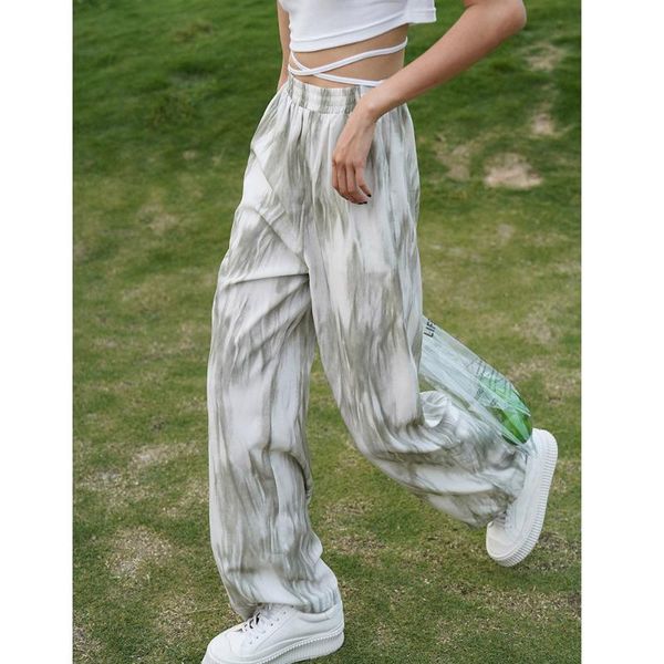 

women's pants & capris wide leg pant women vintage flare green gradient tie dye casual loose straight high waist drape plus size trouse, Black;white