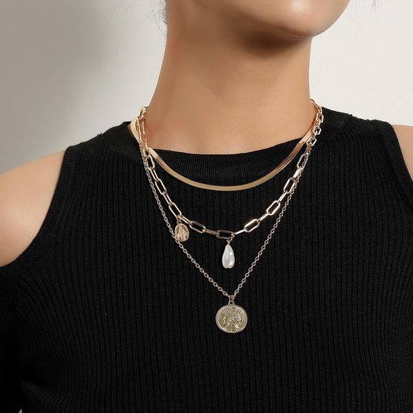 

pendant necklaces punk exaggerated thick chain figure coin cross pearl necklace women vintage multilayer geometric colar jewelry, Silver