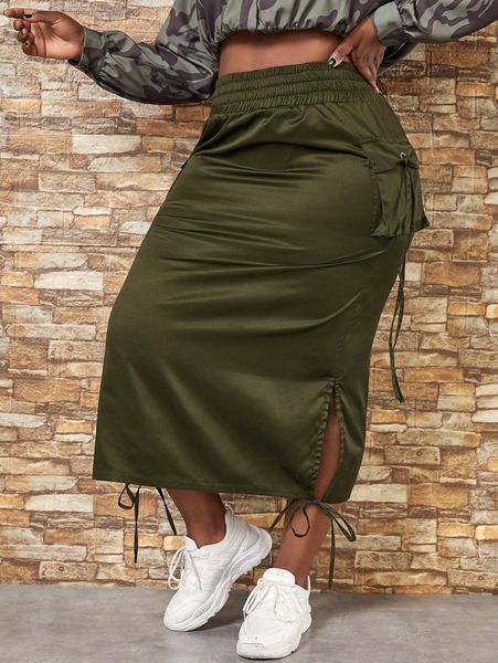 

sxy plus flap pocket split knot hem skirt j70i#, Black