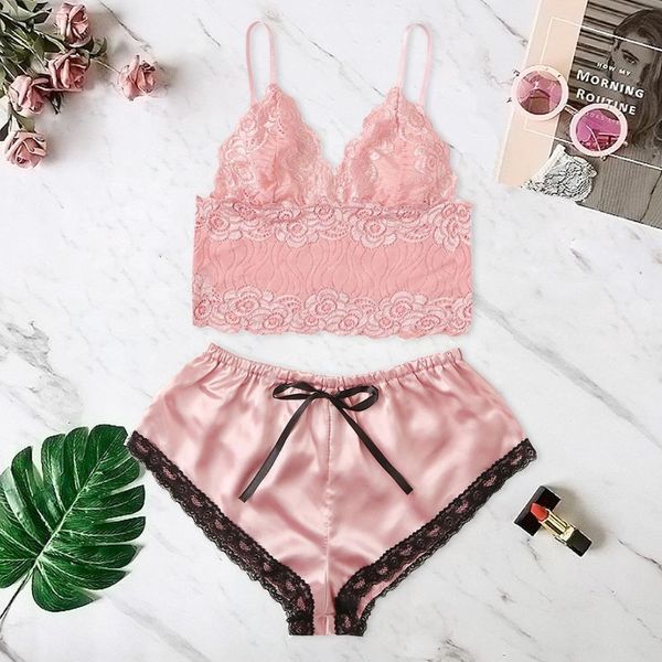 

lingerie women sleepwear satin set lace v-neck pyjamas sleeveless cute cami and shorts pijama mujer algodon veran, Black;red
