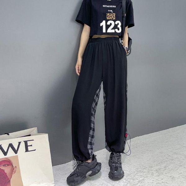 

women's pants & capris johnature casual patchwork plaid ankle-length 2021 summer loose harem elastic waist pockets women, Black;white