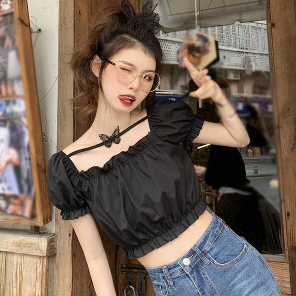 

women's t-shirt summer wooden ear women sweet wind butterfly cloth crop korean short-sleeved pleated bubble sleeve, White