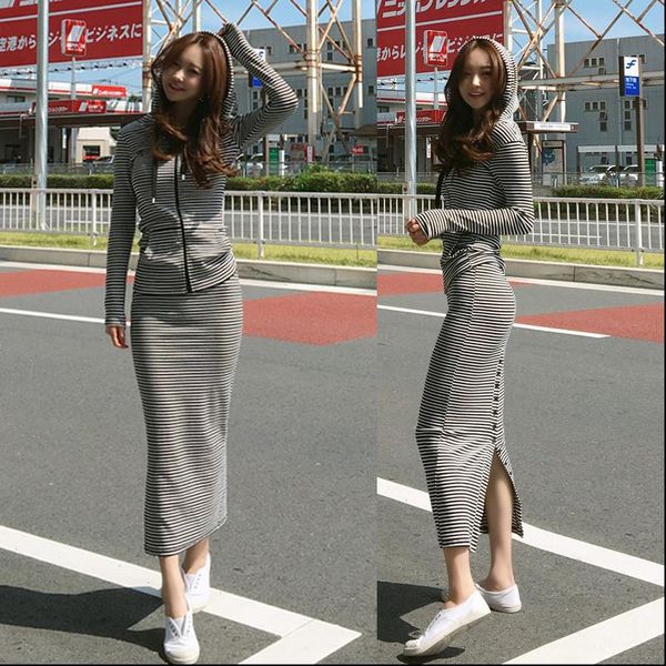 

spring autumn fashion 2 pieces set sweatshirt stripe long sleeve hooded high waist long pencil skirts female casual sportsw, Gray
