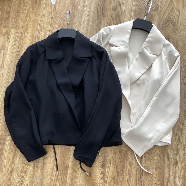 

women jacket suit collar hem drawstring cropped jacket, Black;brown