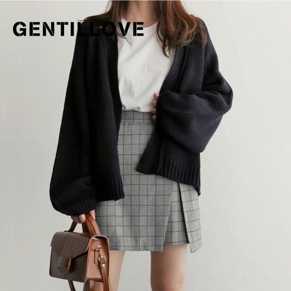 

women's knits & tees fashion knitted lantern sleeve ladies cardigan sweater loose casual solid color short simple style warm outerwear, White