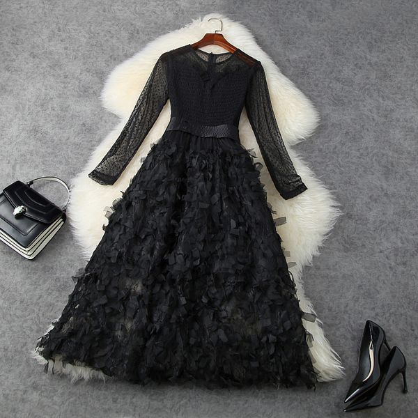 

2021 new spring black flowers medium length lace slim dress with waist closing mesh women womanliness retro party dresses z4m1, Black;gray