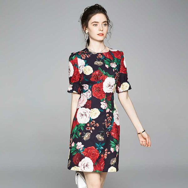 Yaz Yüksek Kalite Moda Payetli Boncuk Çiçek Baskı Elbise Kadın Puf Kol Şakayık Çiçek Baskı Parti Elbiseler Vestidos 210529
