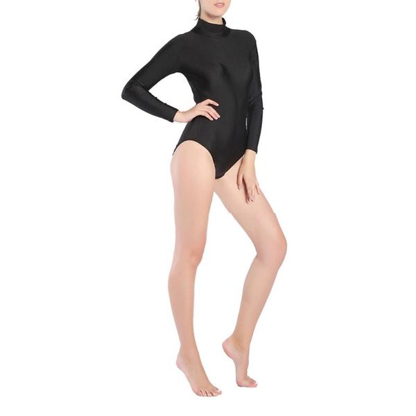 Swimwear Mulheres Manga Longa Turtleneck Bodysuit Leotards One Peça Underwear - Preto, 3xl