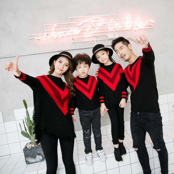 

winter 2021 new parent-child autumn and clothing korean fashion big v knitted sweater three mouth family wear, Blue