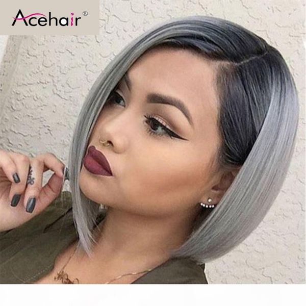 

acehair ombre 1b grey bob wig 13x4 short bob wigs brazilian straiight lace front human hair wig remy hair for black woman, Black;brown