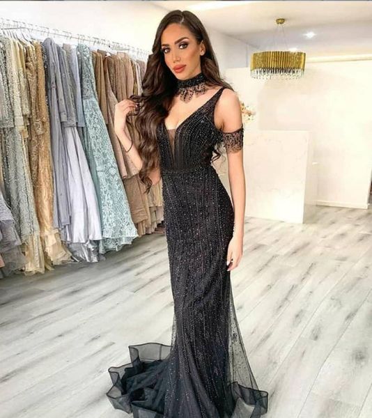 

party dresses long luxury mermaid gowns dubai beaded evening dress deep v-neck crystals tulle formal vestido de fiesta, White;black