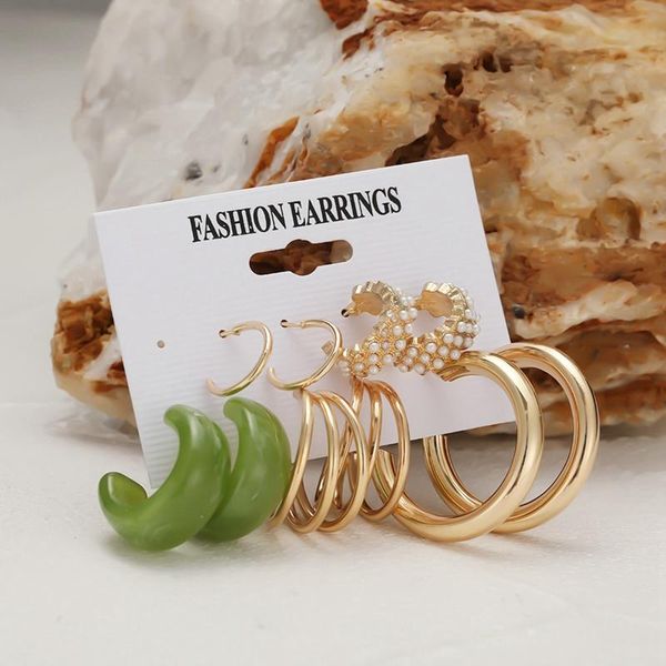 

hoop & huggie 5 pairs earrings set creative simple acrylic alloy metal circle for women 2021 temperament pearl, Golden;silver