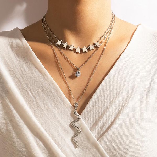 

pendant necklaces huangtang bohemian snake crystal necklace for women multilayer silver color star tassel clavicle chain wedding jewelry