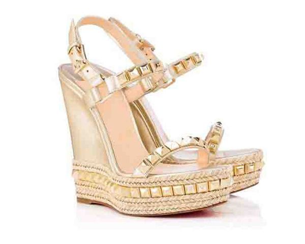 

famous ladies red bottom wedges cataclou sandals gold patent leather studded ladies ankle strap women's pumps party dress eu35-42,with, Black