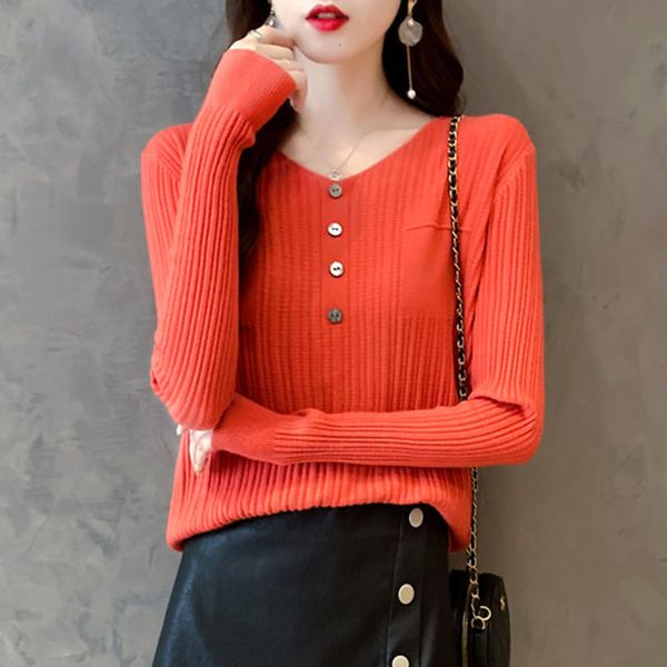 

2021 new spring fall korean casual pullover long sleeve v neck button knitted sweater ribbed jumpers knitwear women c179 o8al, White;black