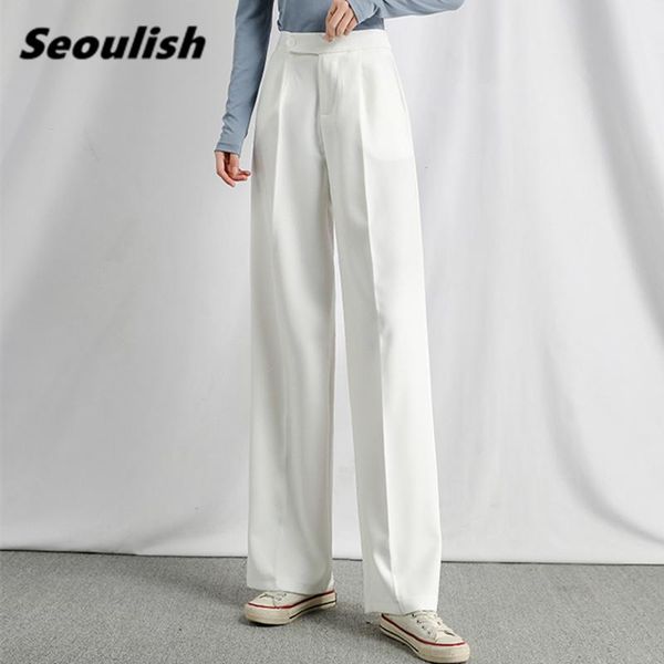 

women's pants & capris seoulish 2021 formal wide leg long button high waist female workwear elegant trouses pockets spring summer, Black;white