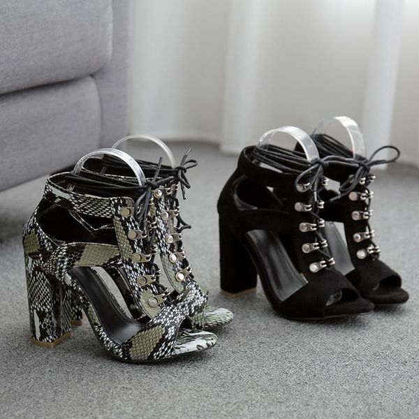 

high heel sandal for women open toe large size female shoe snakeskin high-heeled gladiator peep lace up big multicolored girls f, Black