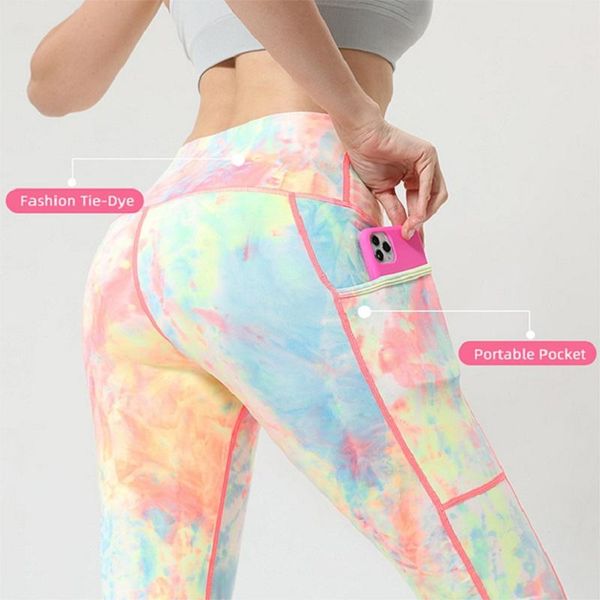 

women's leggings fitness tie dye printed pocket yoga pants ladies high waist  sports tights training sportswear long elastic -40, Black