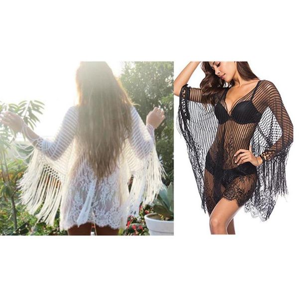 

women's swimwear v-neck fringe chiffon bikini beach sunscreen clothing, White;black