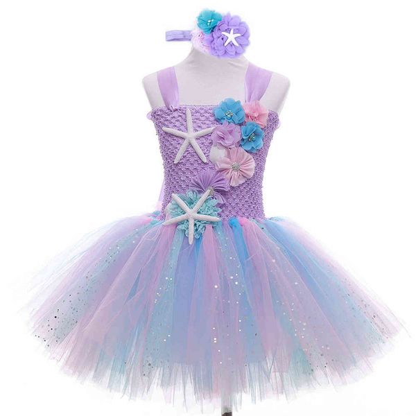 Flower Kids Girls Birthday Party Tutu Abiti con fascia Purple Sea Princess Toddler Neonate Abito da sposa Panno per bambini G1129