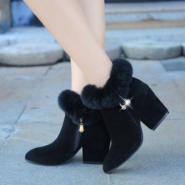 

boots ladies fur ankle pointed toe wedges autumn velvet shoes suede 2021 fashion style mid-heel low, Black