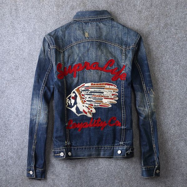 

2021 new high fashion jackets retro blue indian chief embroidery designer hip hop denim jacket men cotton coats chaqueta homme xk1t, Black;brown