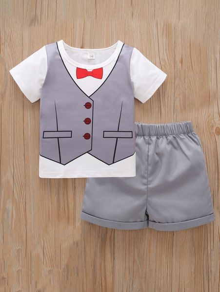 

toddler boys bow print colorblock tee & roll up hem shorts she, White
