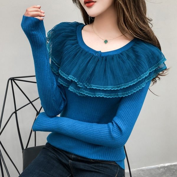 

2021 autumn winter knitted sweaters women long sleeve ruffles thin knit ropa mujer pullover elegant kobieta swetry new m07701 1buk, White;black