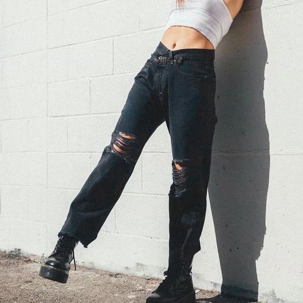 

women's jeans women asymmetric waist distressed jeans1, Blue