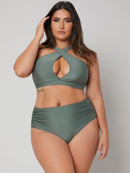 

plus criss cross ruched high waisted bikini swimsuit v7uj#, Black