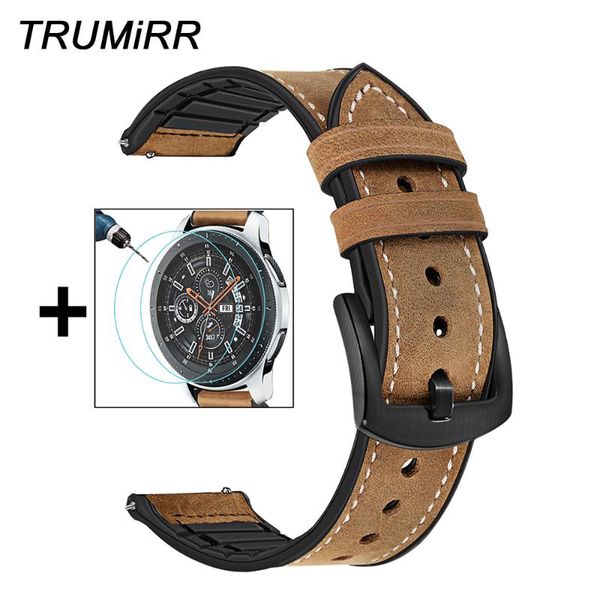 

watch bands 22mm genuine leather & silicone rubber band +screen protectors for samsung galaxy 46mm gear s3 watchband steel clasp strap, Black;brown