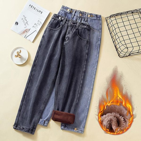 

women's jeans women winter fleece boyfriend for plus size 5xl casual elastic waist velvet mom warm loose denim pants trousers, Blue