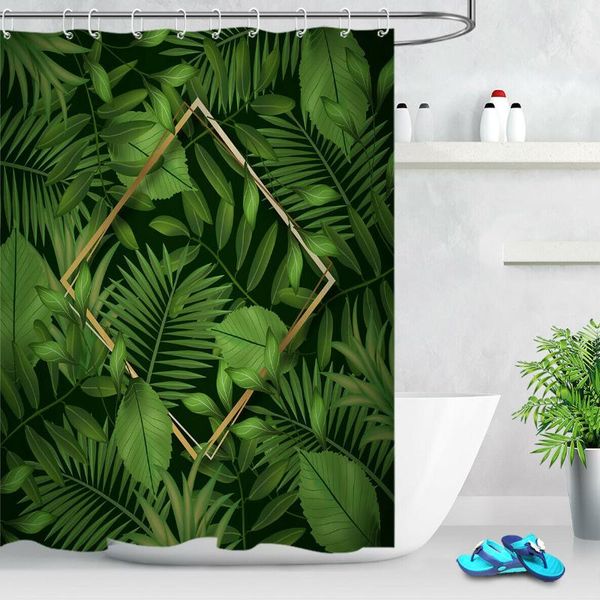 

tropical green leaves waterproof fabric shower curtain set bathroom hooks custom