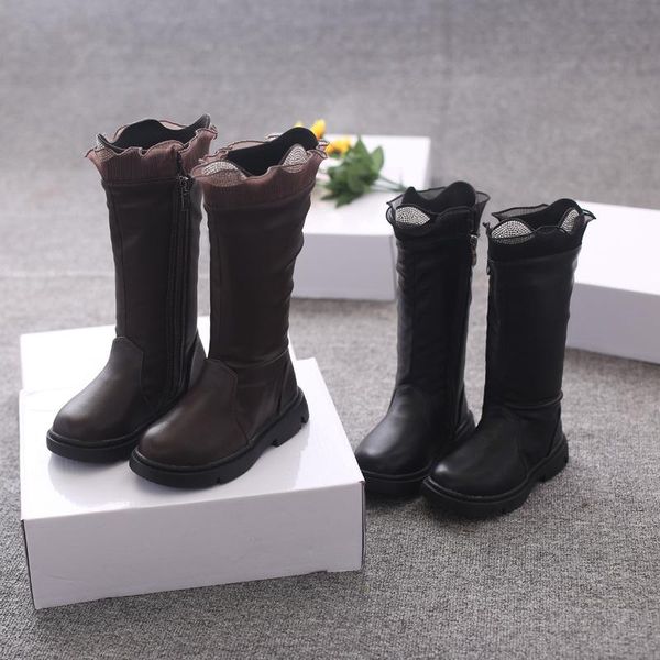 

boots 2021 winter fashion girls plus cashmere western style children' leather, Black;grey