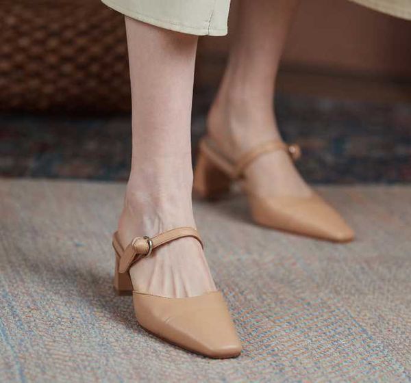 

slippers 2021 women sandals fashion casual comfortable mid-heel temperament single leather shoes, Black