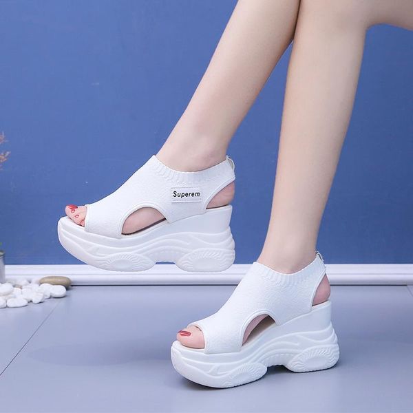 

sandals summer women's casual fashion high heel 8.5cm thick-soled wedges with net flying woven shoes c663, Black