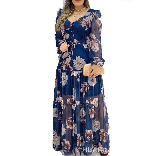 

casual dresses women dress 2021 summer blue printed chiffon fashion long sleeve v neck vestido feminino donsignet, Black;gray