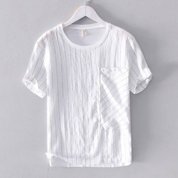 

2021 new men's linen stitching striped short-sleeved t-shirt solid summer white t shirt men fashion tshirt male camisa chemise v1hw, White;black
