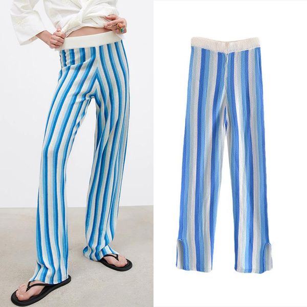 

women's pants & capris lpnvvs za women elegant loose striped straight knit length vintage high elastic waist vents female trousers muje, Black;white