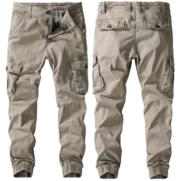 

men spring autumn pants pure cotton work trousers mens cargo fashion clothing military multi-pockets army 210715, Black