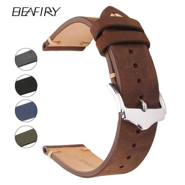 Beafiry Genuine Leather Watch Band 18mm 19mm 20mm 22mm Brown Azul Verde Cinza Cinza Crazy Caçoso Calfskin Watch Watch Straps H0915
