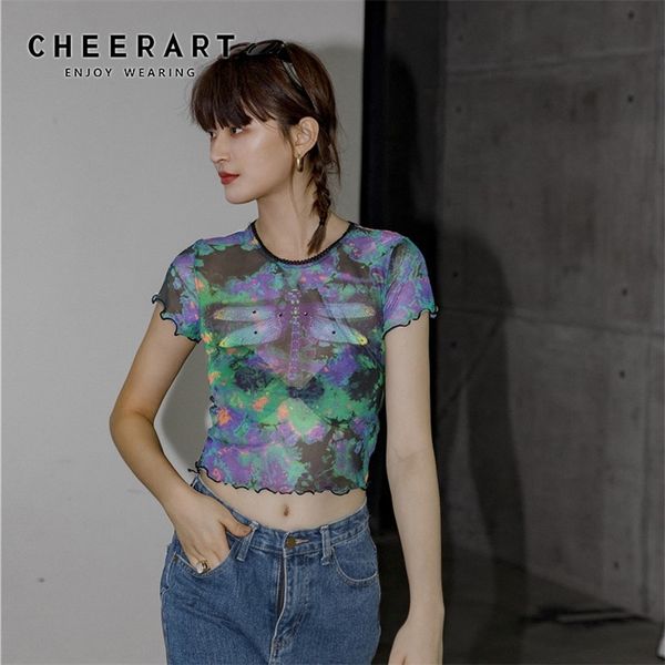 Cheerart Libelle Tie Dye Mesh Crop Top Frauen Sommer T-shirt Kurzarm T-shirt Gothic T-shirt Mode Tops Ästhetische Kleidung 210306